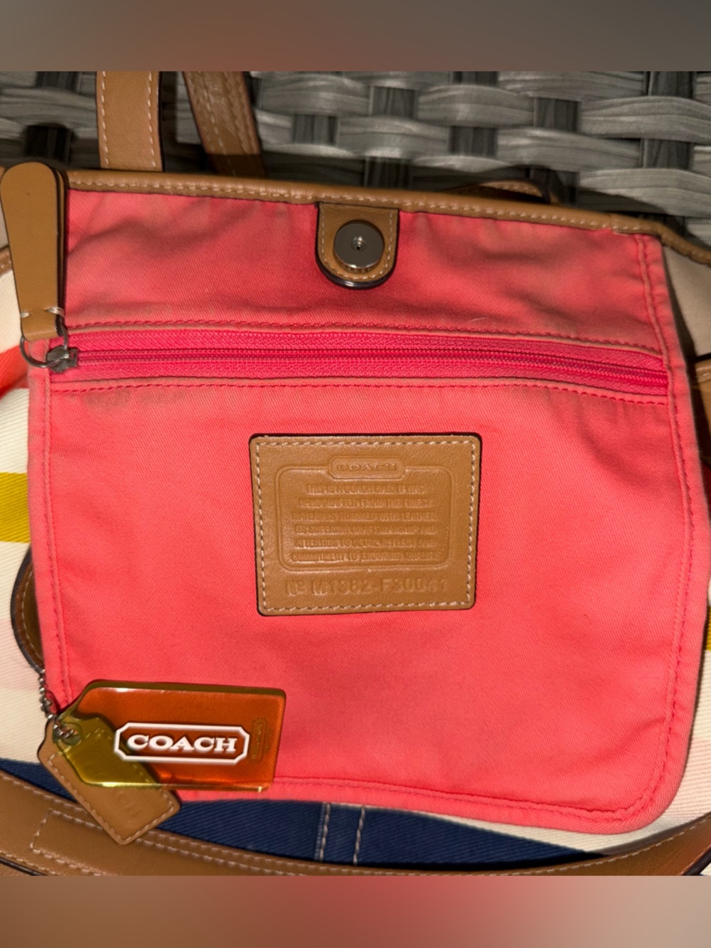Coach Striped Canvas Tote in Coral, Mustard, Navy & Pink with Tan Leather F30041 - Picture 7 of 16